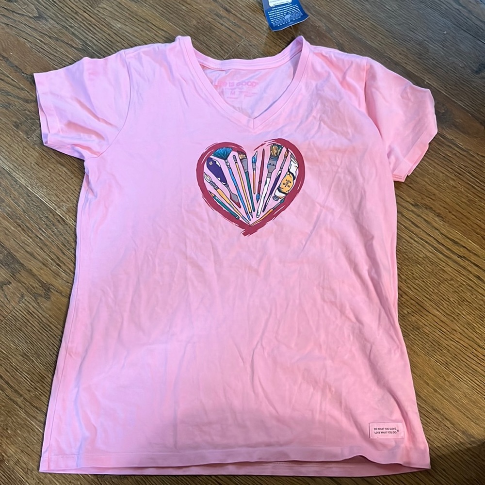 Pink, short sleeve Life is Good T-shirt.